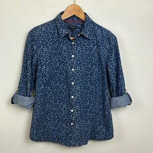 Talbots Chambray Animal Print Roll Tab Button Up Shirt Sz 8P
